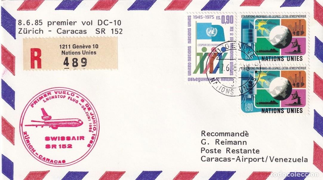 Sellos: Sobre certificado R a&eacute;reo 1985 - Primer vuelo DC-10 Z&uuml;rich-Caracas SR 152 - Poste Restante - Aeropue