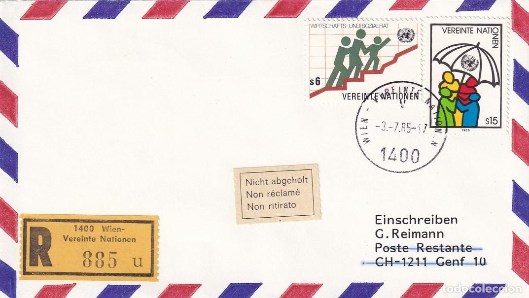 Sellos: Sobre certificado R a&eacute;reo Naciones Unidas en Viena 1985 a Ginebra - Poste Restante - No reclamado