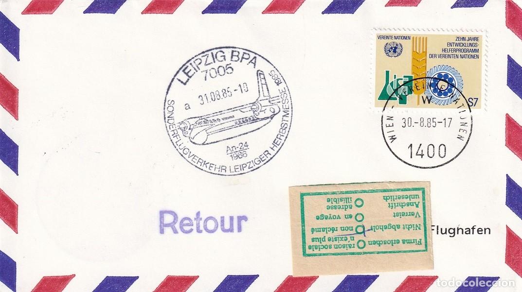 Sellos: Sobre A&eacute;reo ONU Viena 1985 - Vuelo Especial Feria de Leipzig (Avi&oacute;n An-24) - Devuelto No Reclamado