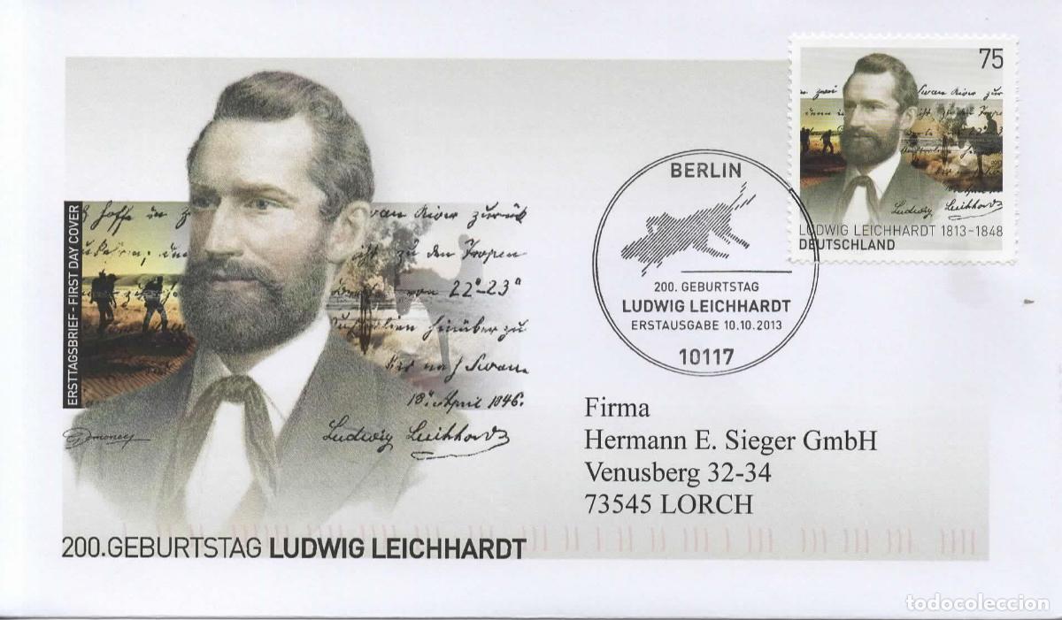 Sellos: ALEMANIA FDC LUDWIG LEICHHARDT ZOOLOGIA BOTANICA GEOLOGIA INSECTO