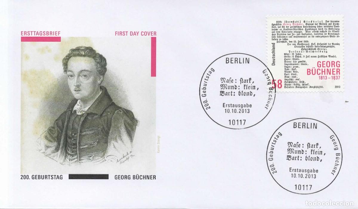 Sellos: ALEMANIA FDC GEORG BUCHNER ESCRITOR TEATRO LITERATURA