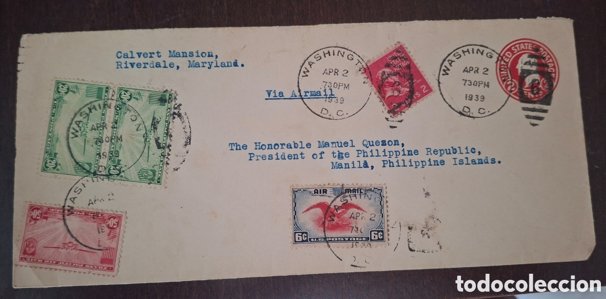 Sellos: Carta Enviada de Estados Unidos al Presidente de Filipinas Manuel Quezon 1939