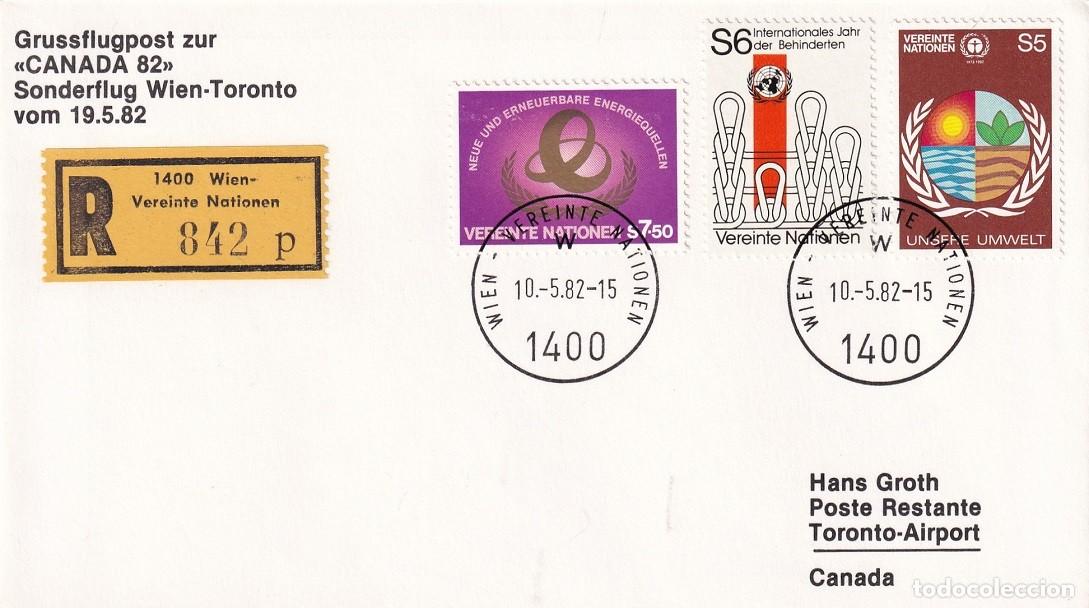 Sellos: Sobre certificado R Vuelo especial 1982 Canad&aacute; 82 - De Viena a Toronto - Poste restante - ONU Viena