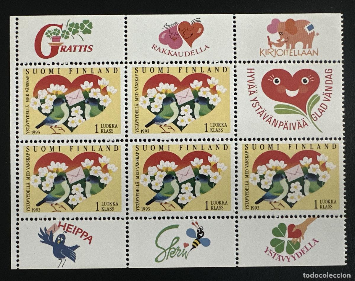 Sellos: Finlandia 1993 Mi. 1198 emisi&oacute;n conjunta amistad coraz&oacute;n p&aacute;jaro flores