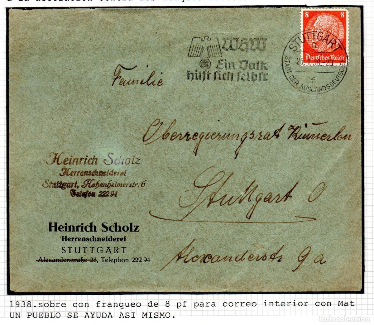 Sellos: ALEMANIA TERCER REICH. 1938 . SOBRE STUTTGART. MATASELLOS CONMEMORATIVO.