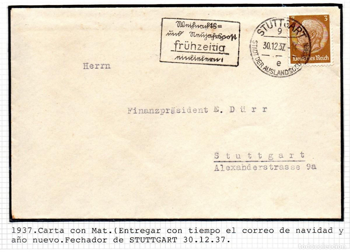 Sellos: ALEMANIA TERCER REICH. 1938 . SOBRE STUTTGART. MATASELLOS CONMEMORATIVO.