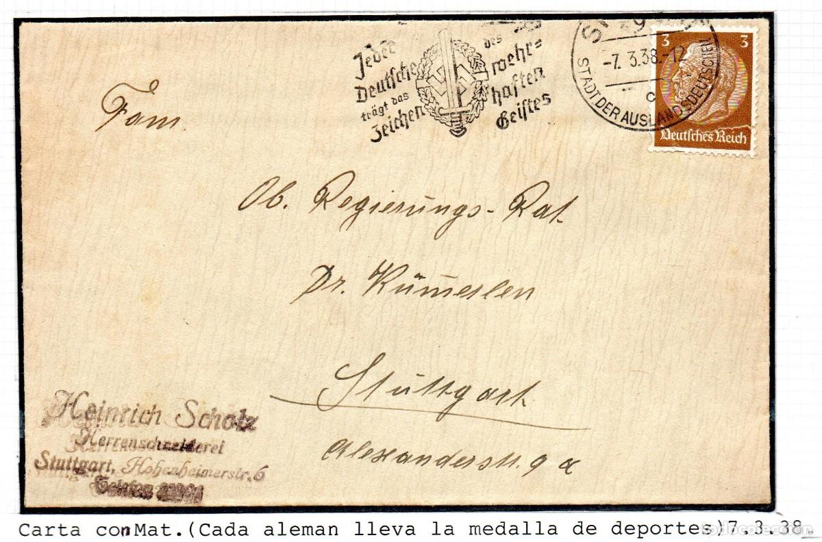 Sellos: ALEMANIA TERCER REICH. 1938 . SOBRE STUTTGART. MATASELLOS CONMEMORATIVO.