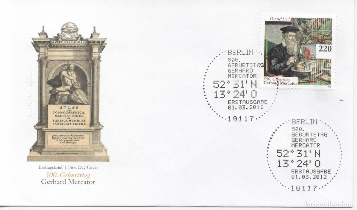 Sellos: ALEMANIA FDC BERLIN GERHARD MERCATOR MAPA MAP GEOGRAFIA