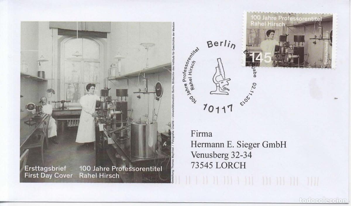 Sellos: ALEMANIA FDC BERLIN RAHEL HIRSCH MEDICINA CIENCIA MICROSCOPIO