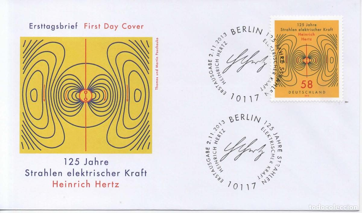 Sellos: ALEMANIA FDC BERLIN HERTZ CIENCIA AUTOGRAFO FISICA ELECTRICIDAD TELECOM RADIO