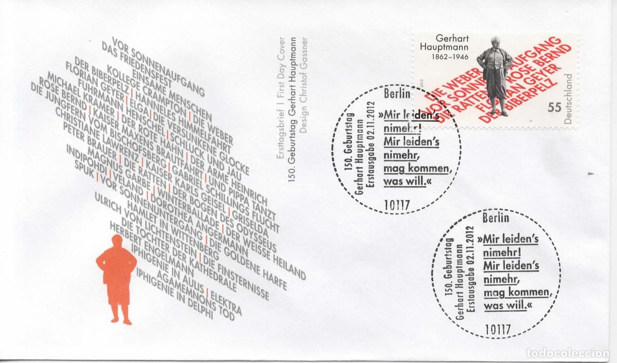 Sellos: ALEMANIA FDC BERLIN GERHART HAUPTMANN LITERATURA TEATRO NOVELA