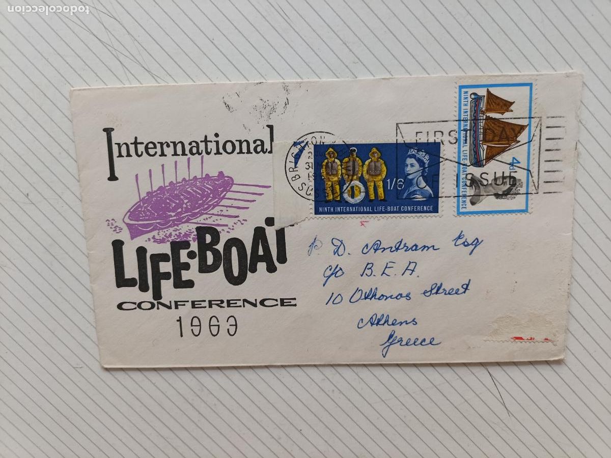 Sellos: Reino Unido. Sobre Primer D&iacute;a Life Boat Conference 1963 FDC