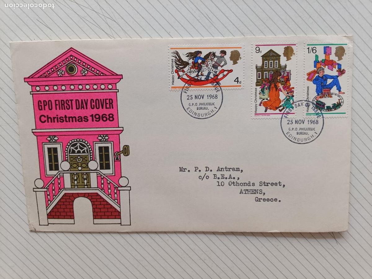 Sellos: GPO FIRST DAY COVER, Reino Unido. Primer D&iacute;a. FDC, Navidad 1968