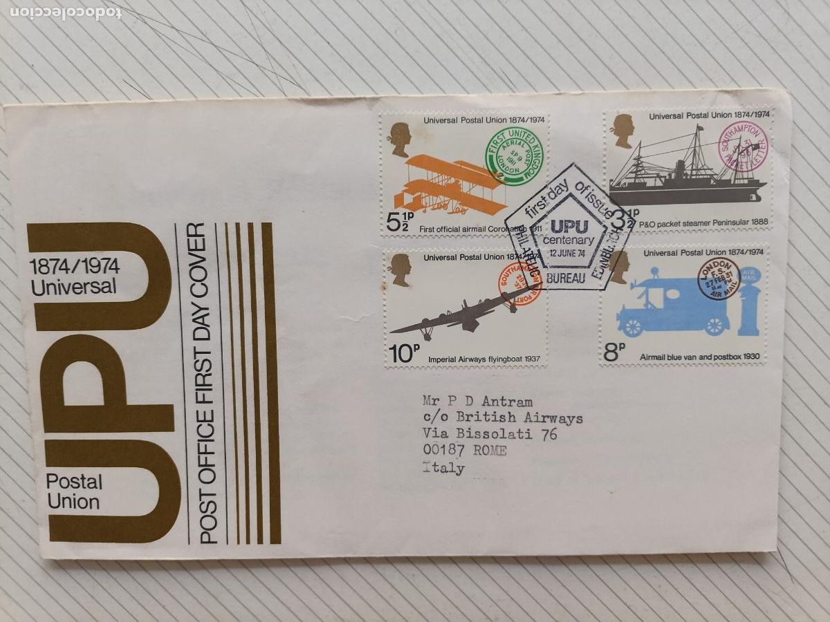 Sellos: FIRST DAY OF ISSUE, Reino Unido. Primer D&iacute;a. FDC, 1974 UPU