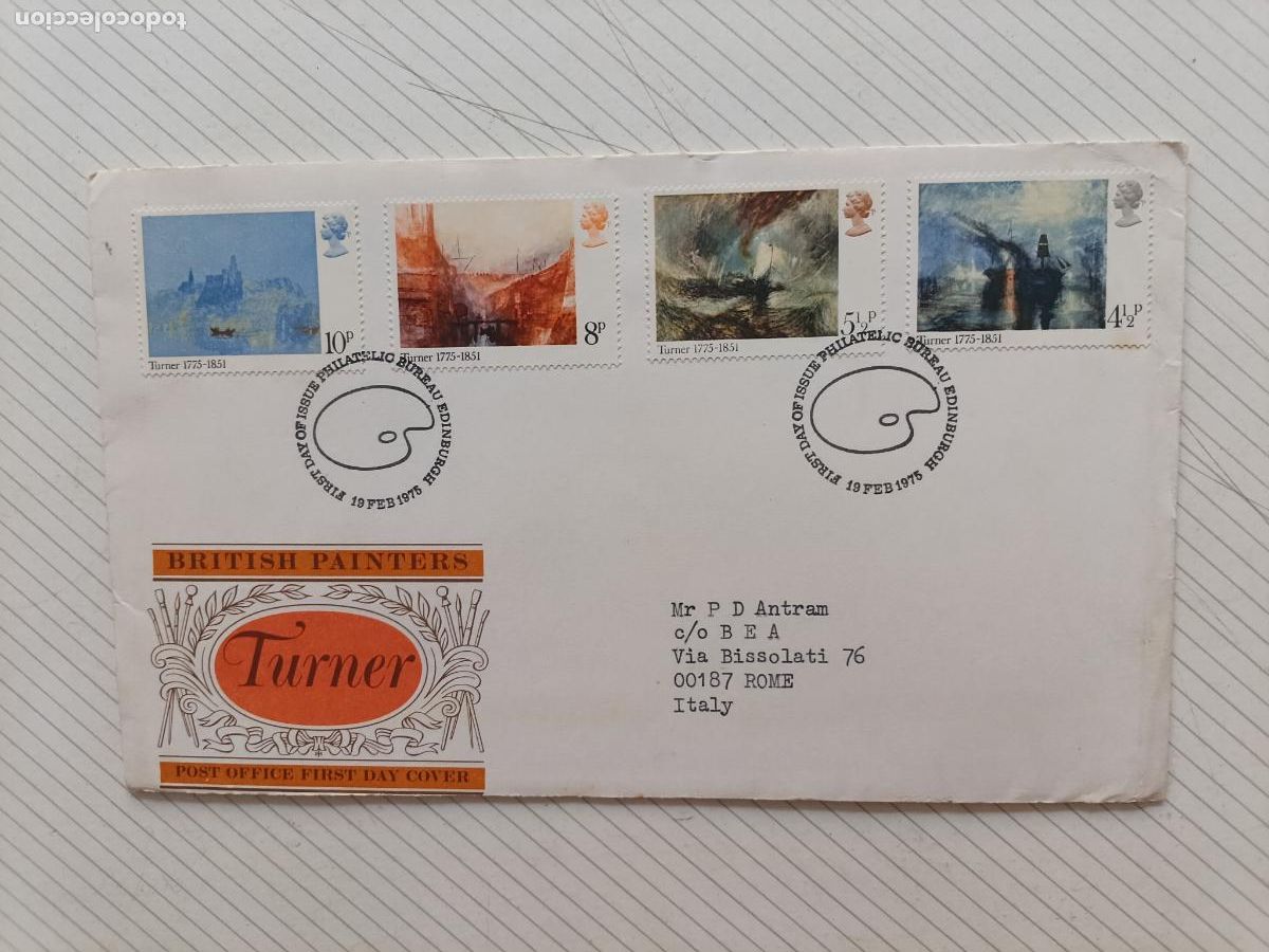 Sellos: GPO FIRST DAY OF ISSUE, Reino Unido. Primer D&iacute;a. Turner