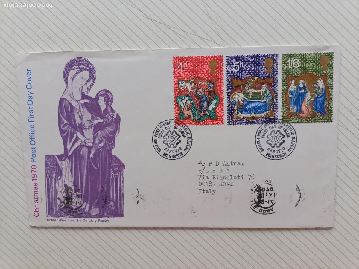 Sellos: GPO FIRST DAY OF ISSUE, Reino Unido. Primer D&iacute;a. Navidad 1970