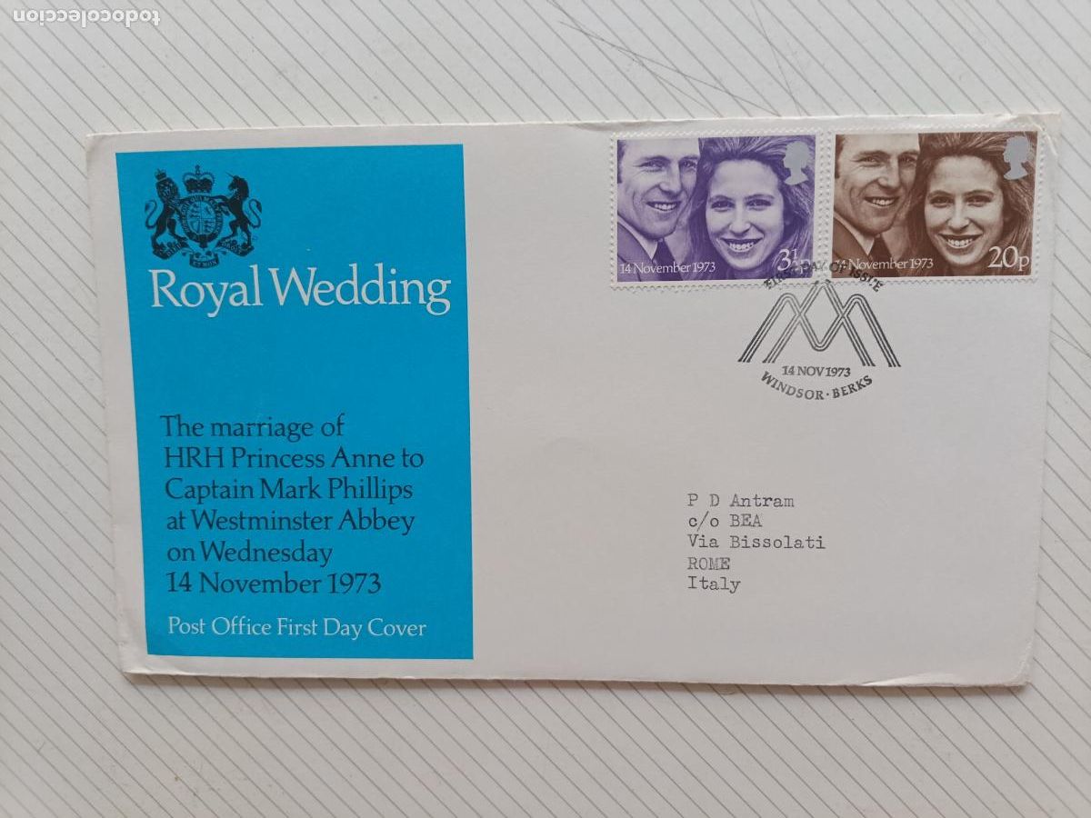Sellos: GPO FIRST DAY OF ISSUE, Reino Unido. Primer D&iacute;a. Royal Wedding 1973