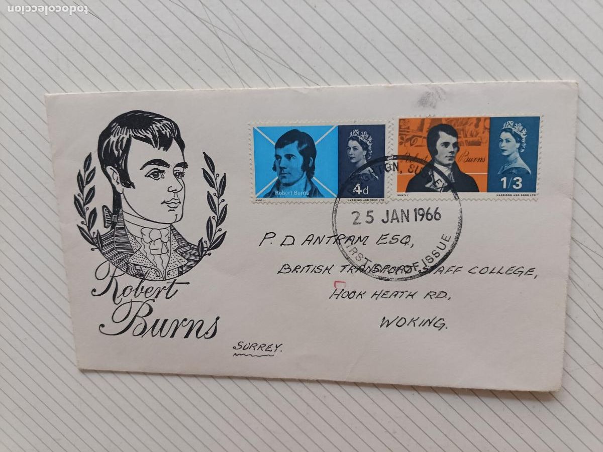 Briefmarken: GPO FIRST DAY OF ISSUE, Reino Unido. Primer D&iacute;a. Robert Burns, circulado 1966