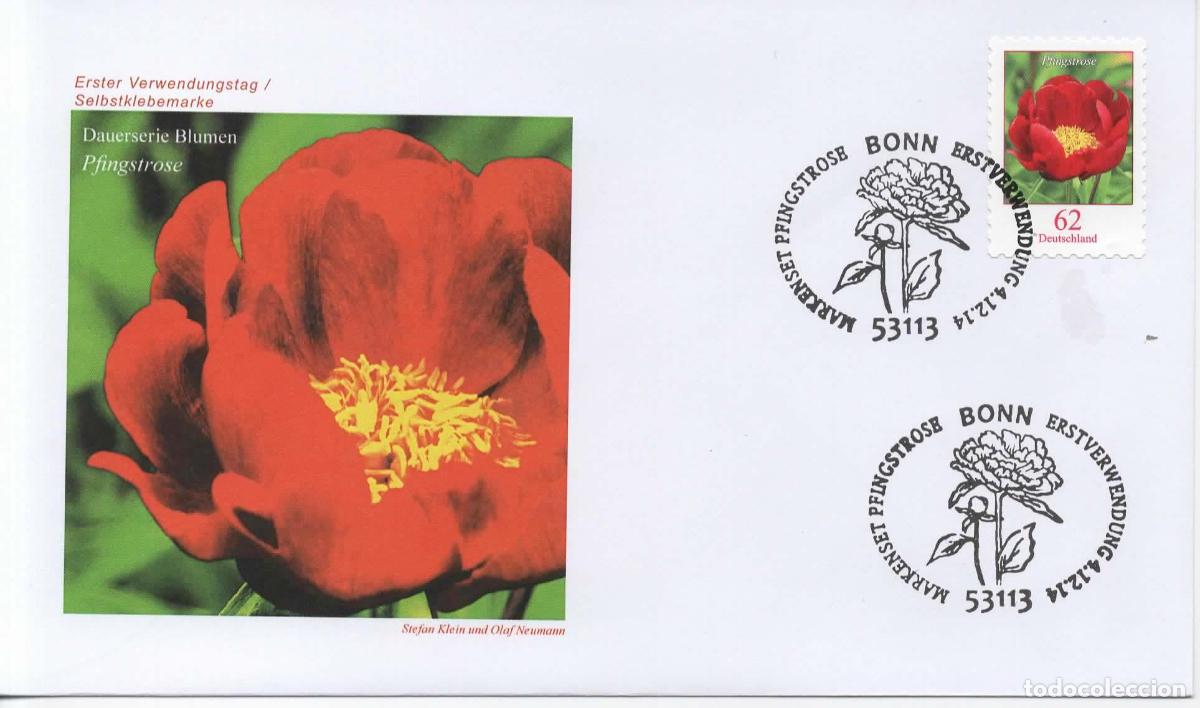 Sellos: ALEMANIA FDC BONN FLOR FLOWER PFINGSTROSE ROSA