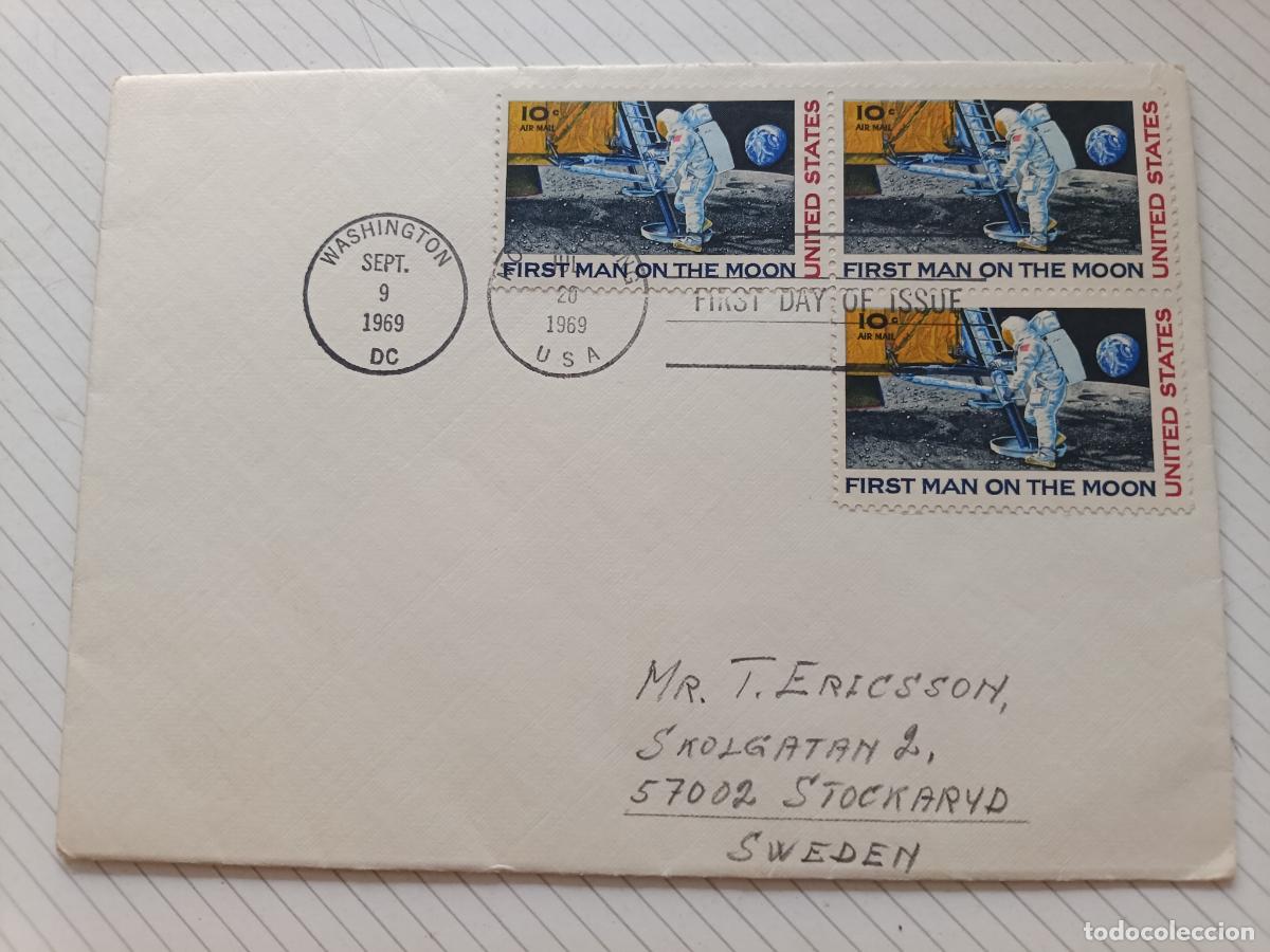 Sellos: Estados Unidos. Sobre Primer D&iacute;a. Llegada a la luna 1969 First Man on the moon