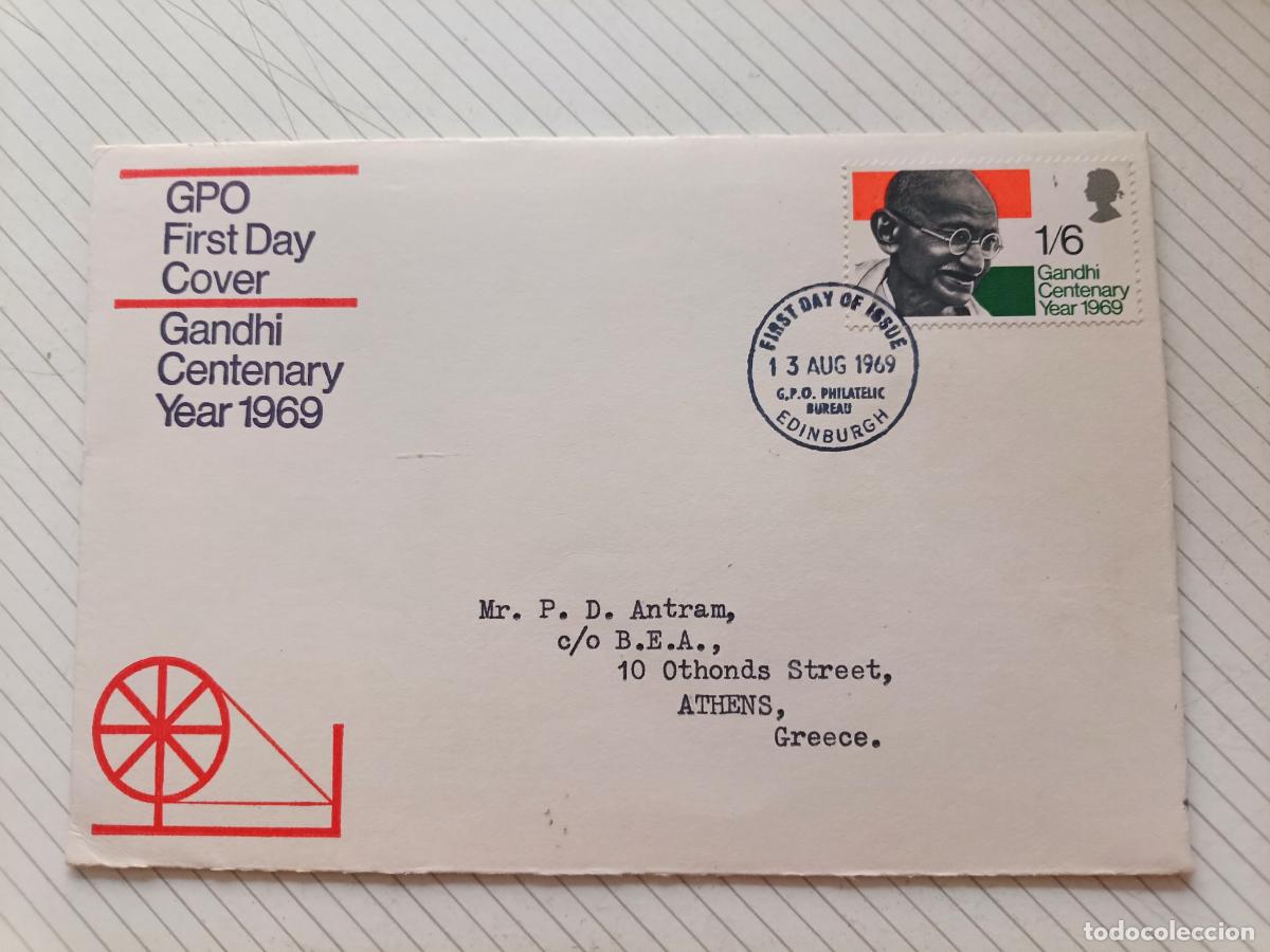 Sellos: Reino Unido. Sobre Primer D&iacute;a. Gandhi 1969