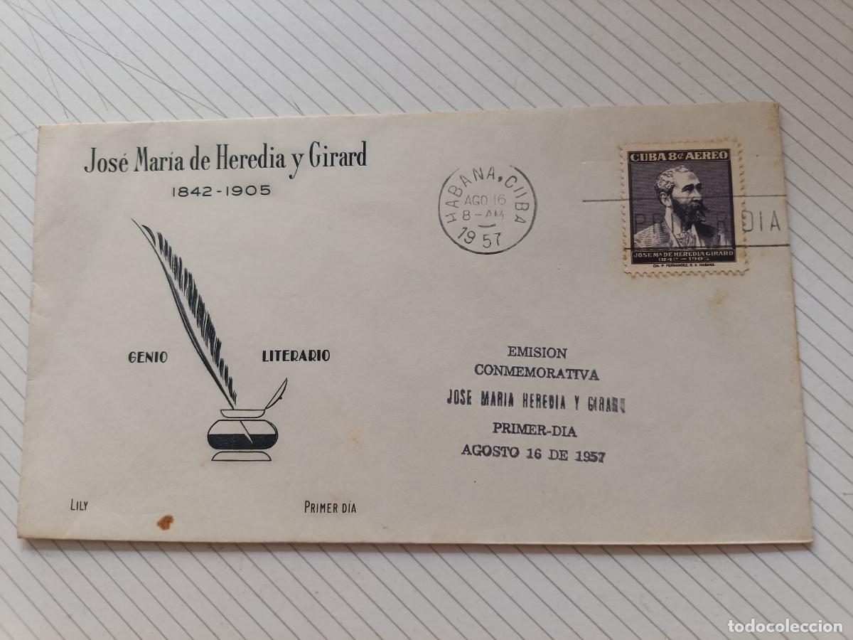 Selos: Cuba 1957, sobre Primer d&iacute;a Jos&eacute; Mar&iacute;a de Heredia y Girard