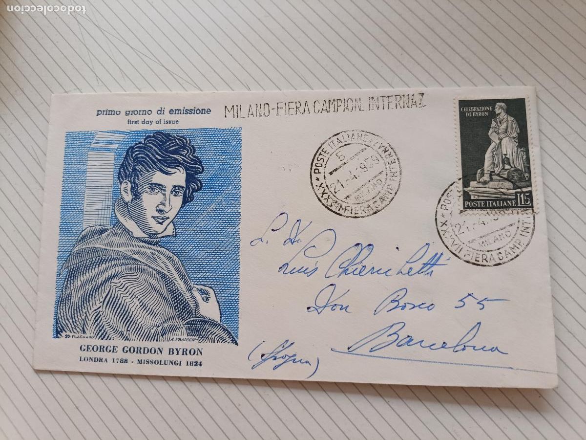 Sellos: Byron. Italia. Primer d&iacute;a 1959, sobre circulado