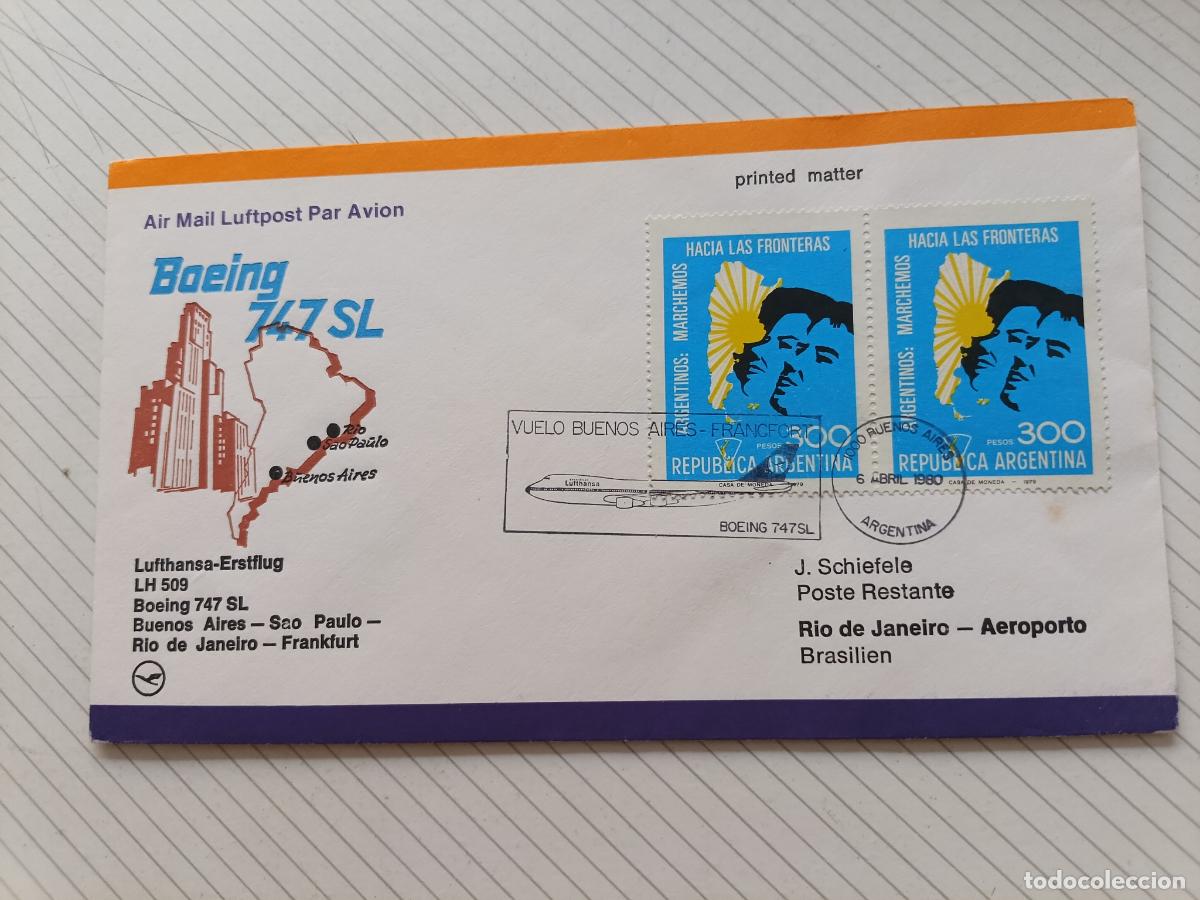 Stamps: Argentina Boeing 747 Lufthansa Sobre de primer d&iacute;a 1980