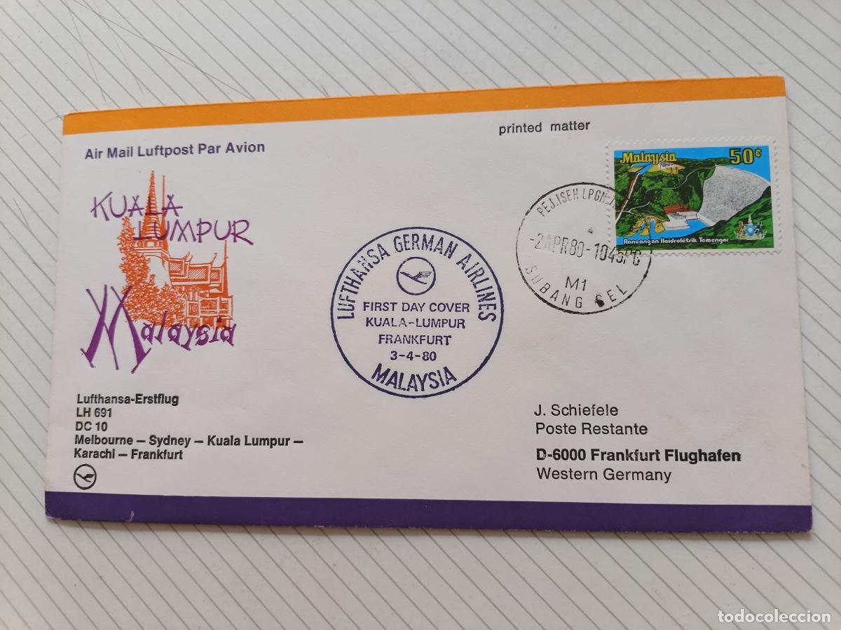 Stamps: Malasia Lufthansa Sobre de primer d&iacute;a 1980