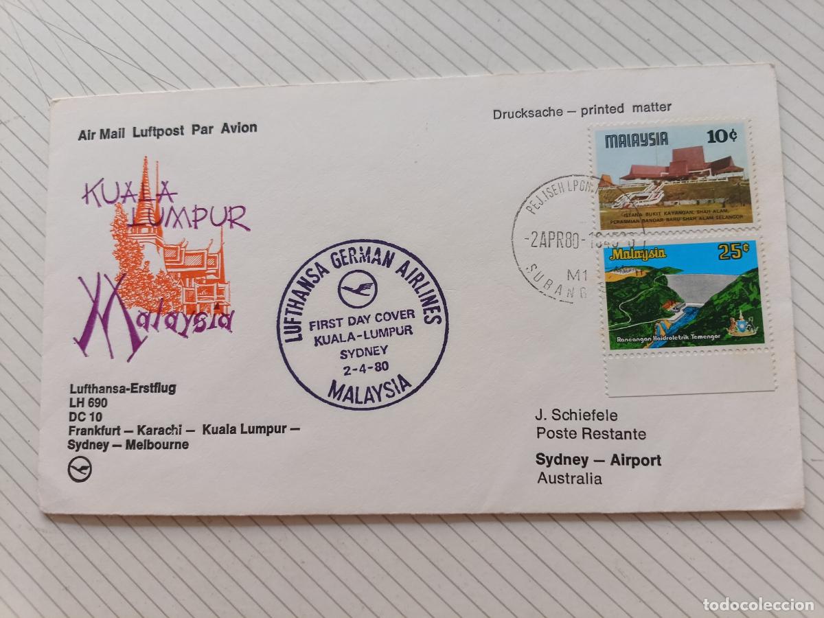 Stamps: Malasia, Malaysia, Lufthansa 1980 Sobre de primer d&iacute;a