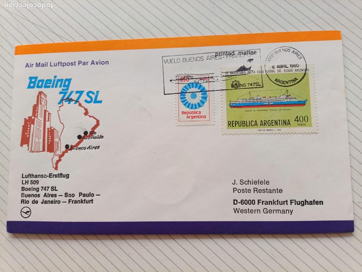 Stamps: Argentina, Lufthansa 1980 Sobre de primer d&iacute;a