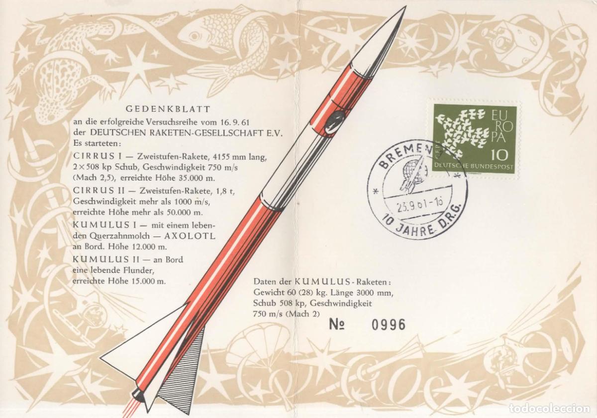 Sellos: ALEMANIA BREMEN 1961 10 JAHRE DRG POR COHETE KUMULUS RAKETEN