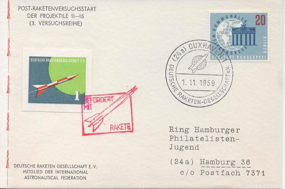 Sellos: ALEMANIA CUXHAVEN 1959 CORREO POR COHETE RACKET ROCKET MAIL