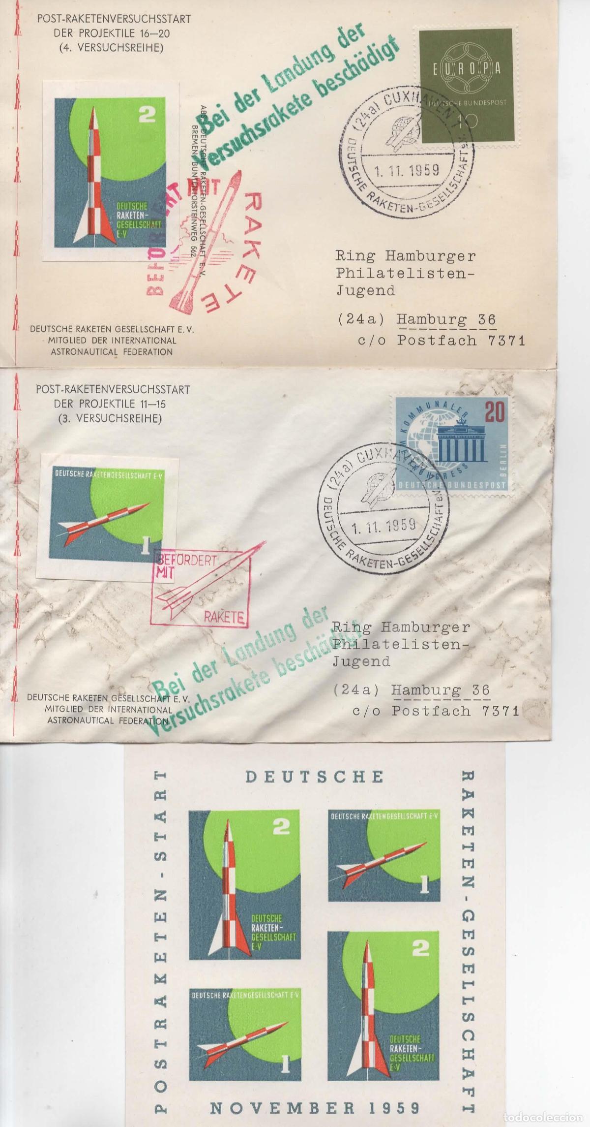 Sellos: ALEMANIA CUXHAVEN CORREO POR COHETE RAKETEN ROCKET MAIL 1959 ONE COVER DAMAGED UN SOBRE DA&Ntilde;ADO