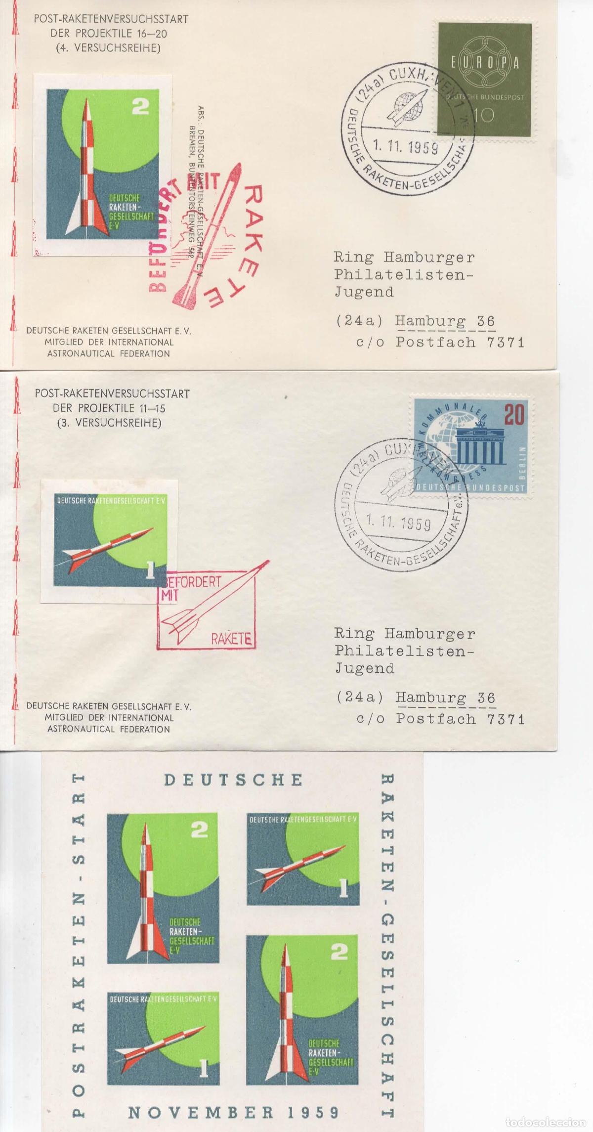 Sellos: ALEMANIA CUXHAVEN CORREO POR COHETE RAKETEN ROCKET MAIL 1959 ONE COVER DAMAGED UN SOBRE DA&Ntilde;ADO