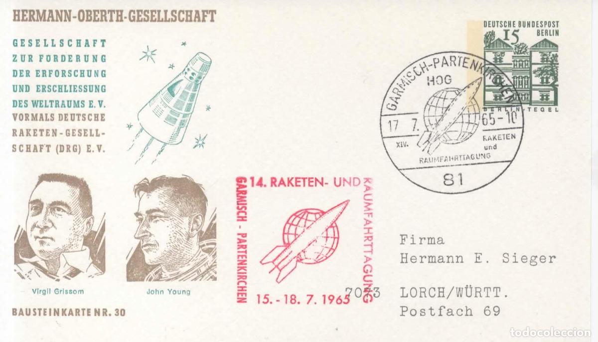 Sellos: ALEMANIA ENTERO POSTAL CORRE POR COHETE RACKETEN ROCKET MAIL GARMISCH PARTENKIRCHEN GRISSOM YOUNG