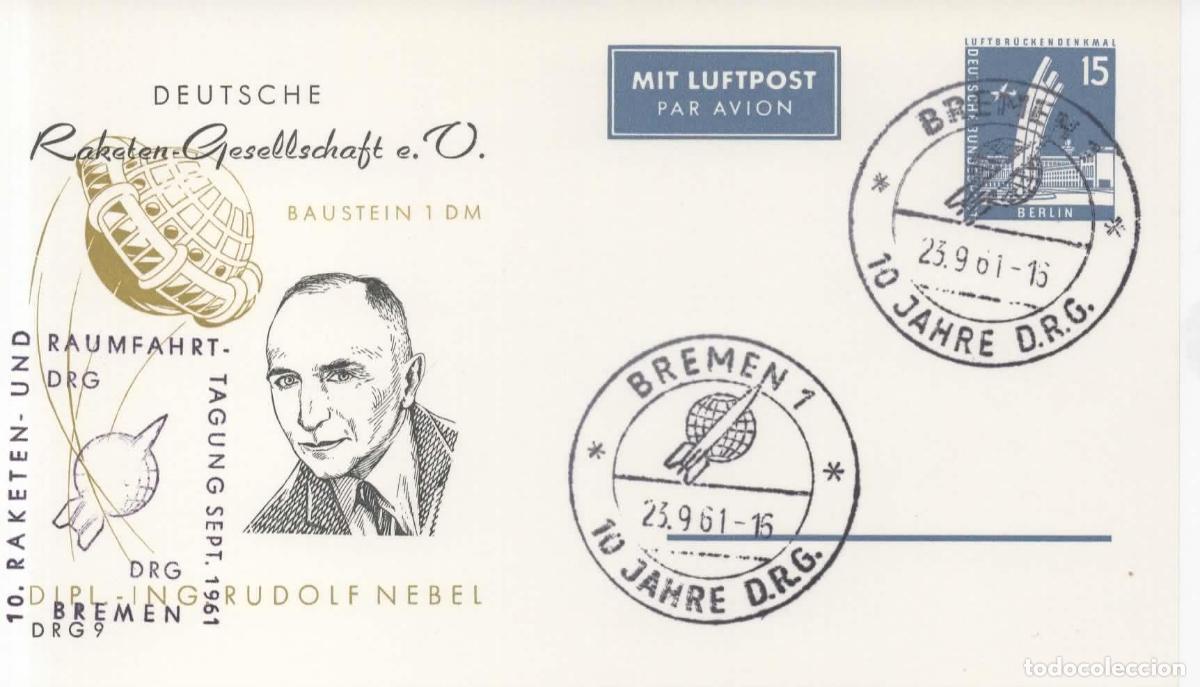 Sellos: ALEMANIA ENTERO POSTAL BREMEN CORRE POR COHETE ROCKET MAIL RACKETEN RUDOLF NEBEL