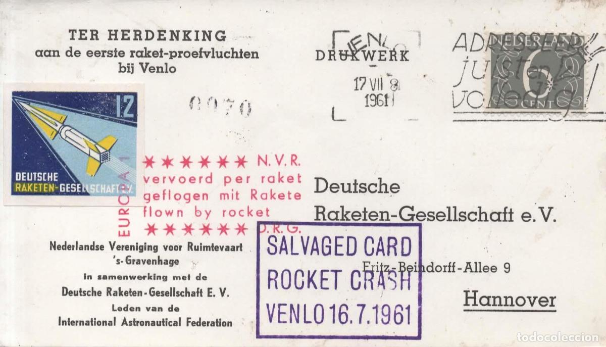 Sellos: HOLANDA VENLO 1961 CORREO POR COHETE ROCKET MAIL RACKETEN ROCKET CRASH SALVAGED CARD