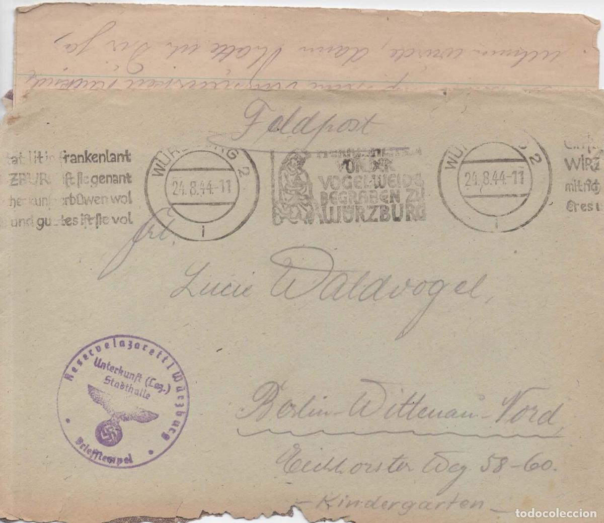 Sellos: ALEMANIA WW2 CORREO MILITAR FELDPOST WURZBURG RESERVE LAZARETTE HOSPITAL CON CARTA