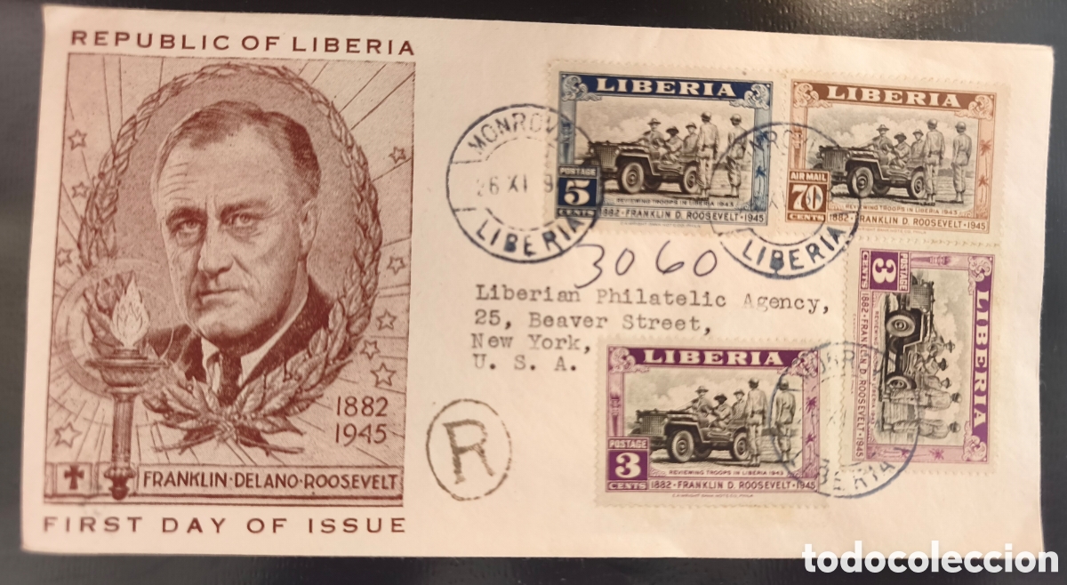 Sellos: SOBRE PRIMER D&Iacute;A EMISI&Oacute;N LIBERIA WWII 1945