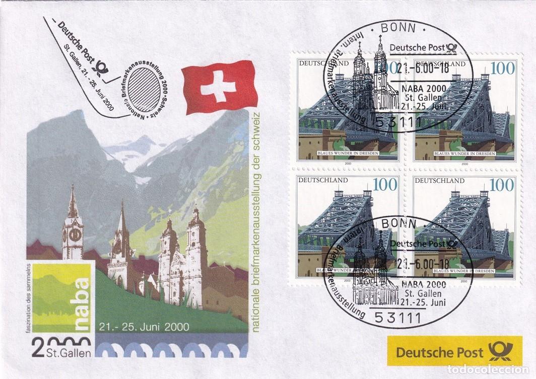 Sellos: Sobre Alemania 2000 - Puente azul de Dresde en bloque de 4 / St. Gallen Naba 2000 Suiza