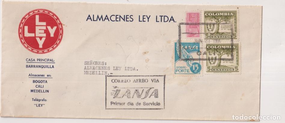 Sellos: Carta con membrete Almacenes Ley, Cali a Ley en Medell&iacute;n. de 22-Jun- 1950. Con Bonito Franqueo en Ca