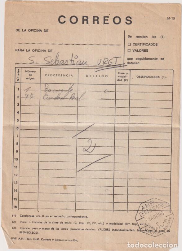 Sellos: Correos para la oficina de S. Sebasti&aacute;n urgente. Fechador AMB certificado. Tren Postal Madrid Henday