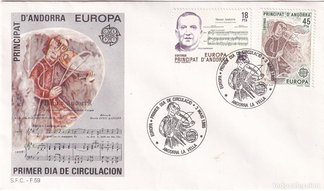 Stamps: FDC + Sellos Principat d' Andorra Andorra la Vella 1985 - Europa CEPT - Himno y Juglar del s. XII