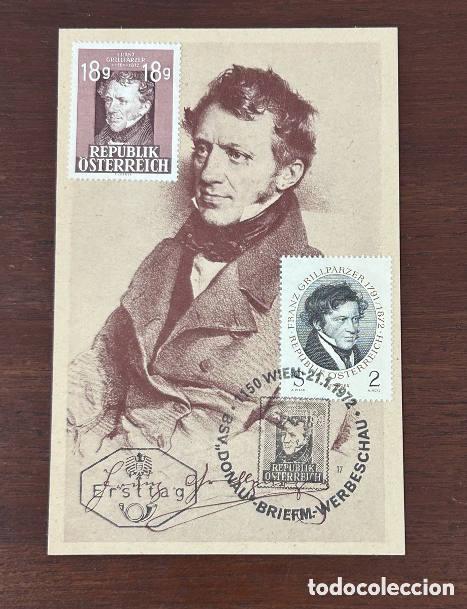 Sellos: TARJETA POSTAL CON 2 SELLOS Y MATASELLOS PRIMER D&Iacute;A. FRANZ GRILLPARZER. 1947. AUSTRIA