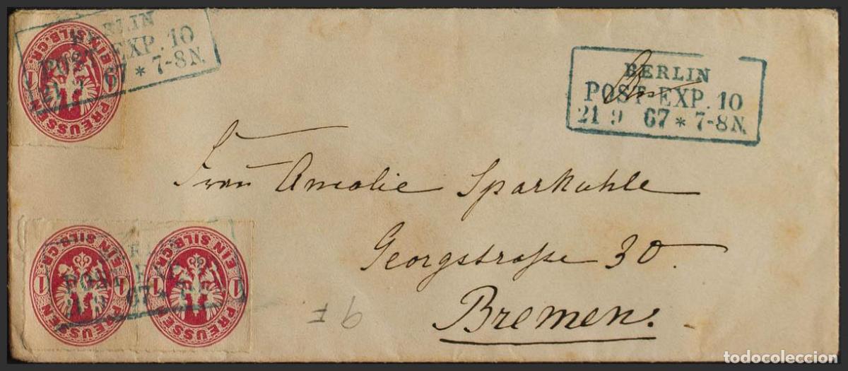 Stamps: Prusia. Yvert 17. 1867. 1 sgr rosa, tres sellos. BERLIN a BREMEN. Matasello rectangular BERLIN / PO