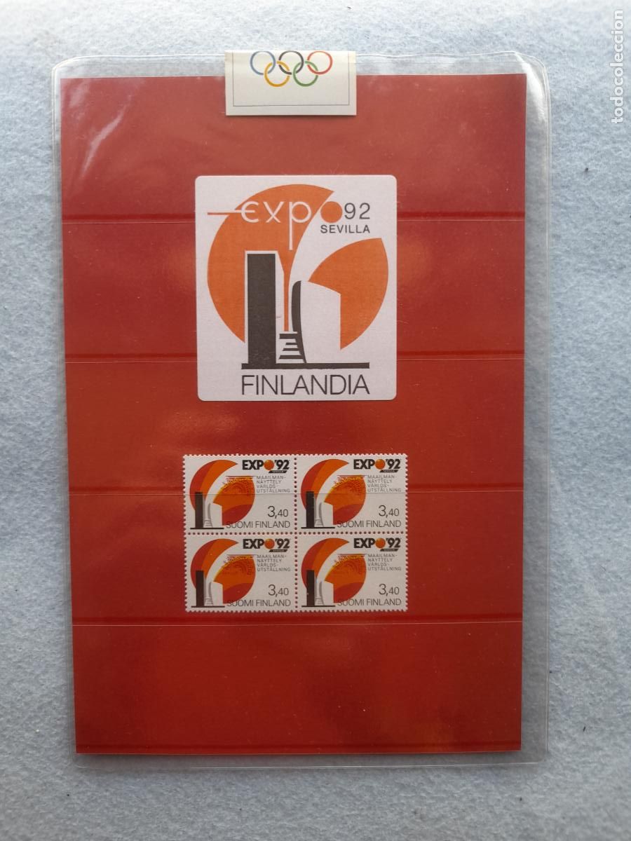 Stamps: Blister Finlandia Expo Sevilla 1992. Bloque de 4 Sellos + Sobre Franqueado.
