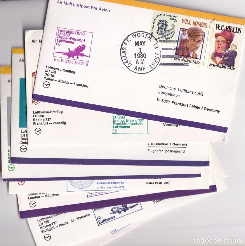 Briefmarken: 8 Sobres a&eacute;reos de primer vuelo - Lufthansa / Palma de Mallorca - Londres - Brasil - Italia - Alem..