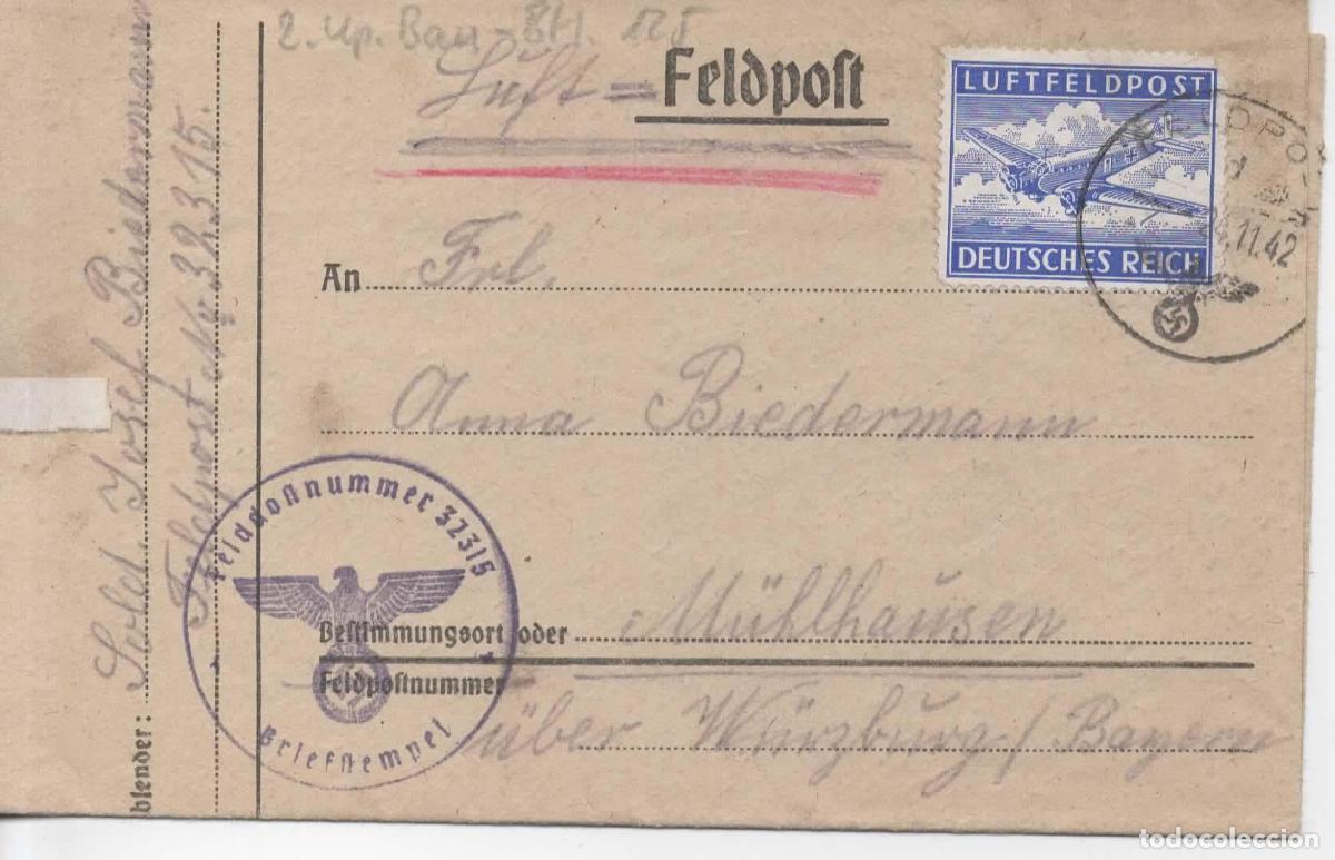 Sellos: ALEMANIA FELDPOST CORREO MILITAR 1942 AEREO 32315 A MULLHAUSEN