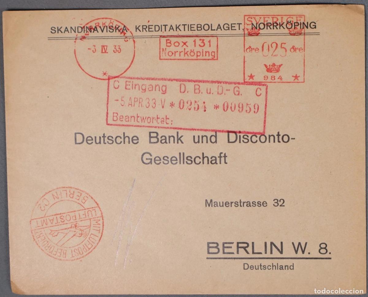 Sellos: SUECIA NORRKOPING FRANQUEO MECANICO METER 1933 A ALEMANIA AIR MAIL